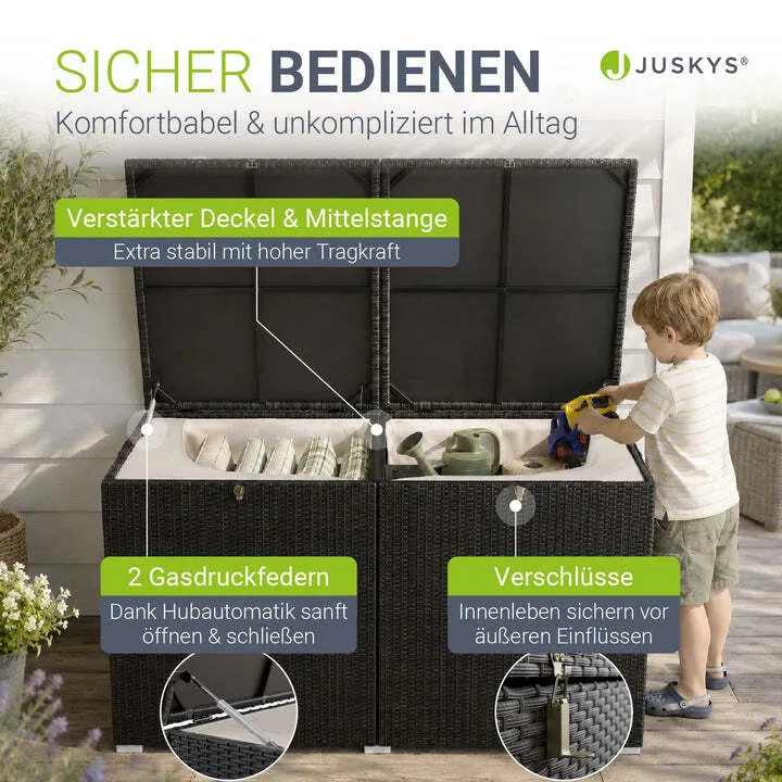 B-Ware Polyrattan Auflagenbox IkariaGartenbox 950 Liter Deckel und Innenplane Schwarz