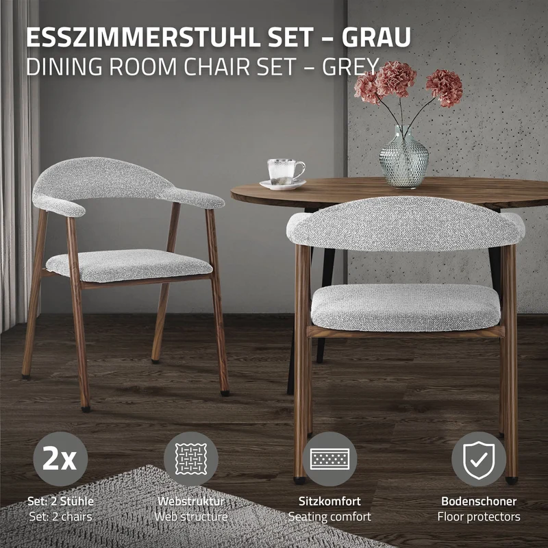 Esszimmerstühle 2er Set mit Armlehne, Rückenlehne & Webstruktur, Grau, Wohnzimmerstühle Küchenstühle Polsterstühle ML-Design