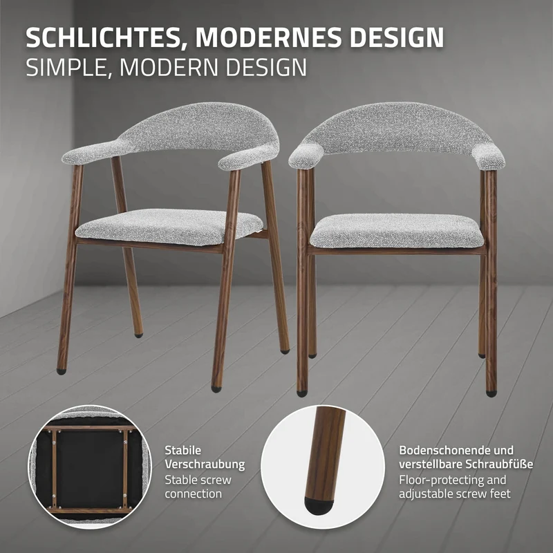 Esszimmerstühle 2er Set mit Armlehne, Rückenlehne & Webstruktur, Grau, Wohnzimmerstühle Küchenstühle Polsterstühle ML-Design