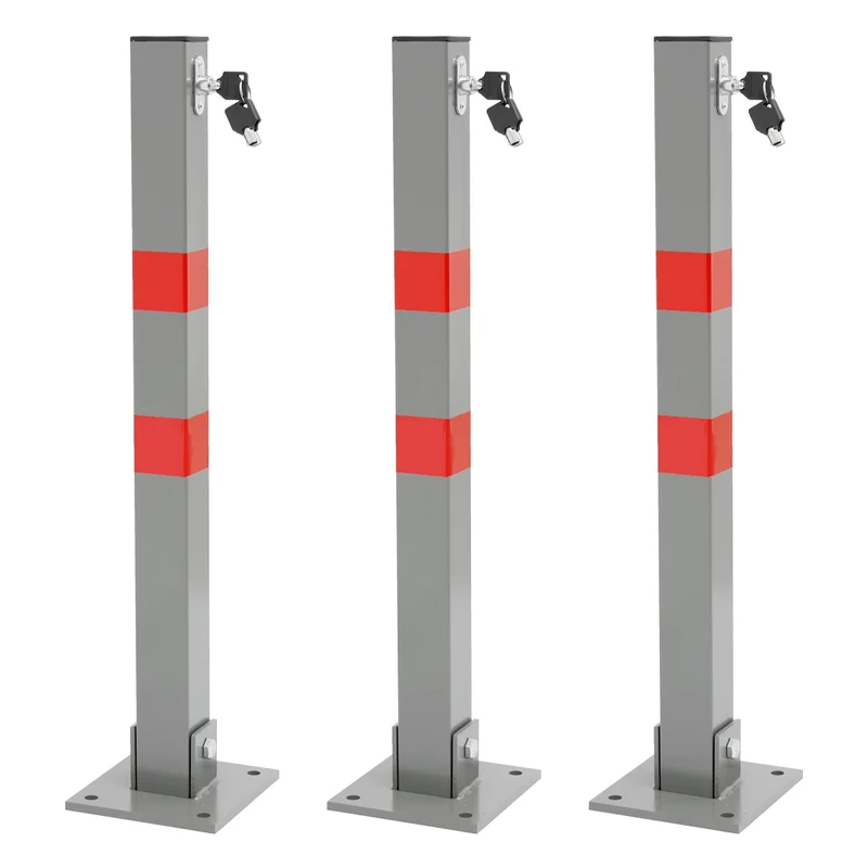 Parkplatzsperre Set 70 cm eckig mit Roten Warnstreifen und 3 Schlüssel aus Stahl