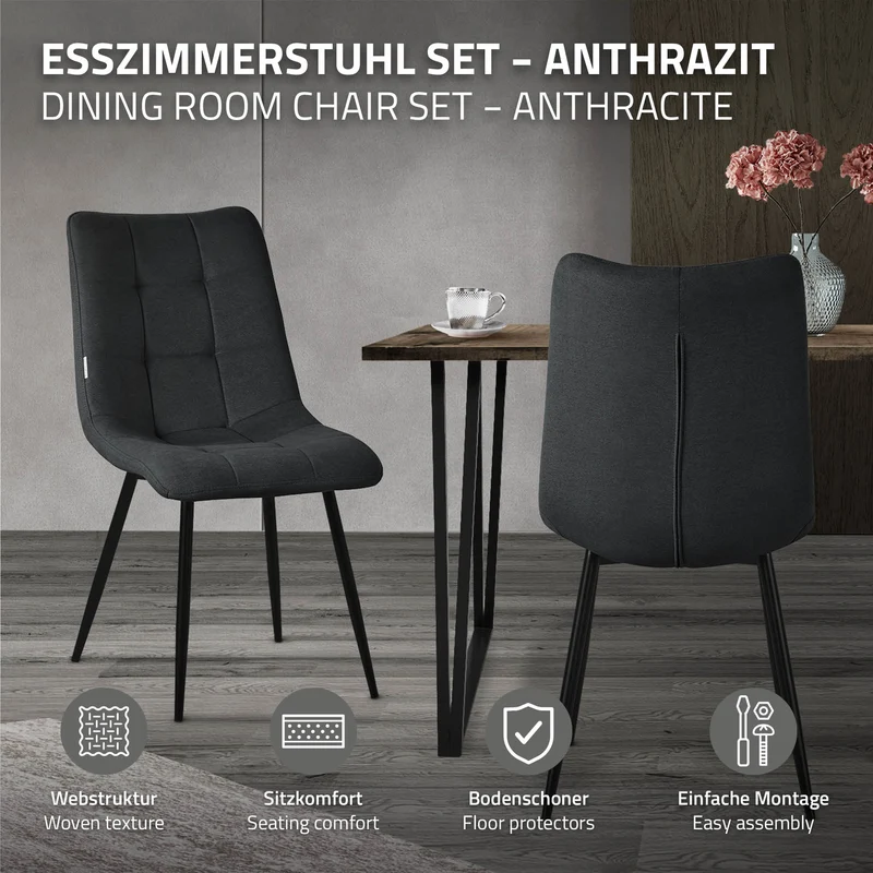 B-Ware Esszimmerstühle 2er Set Anthrazit Küchenstuhl mit Polyesterbezug und Stahlbeinen ML-Design