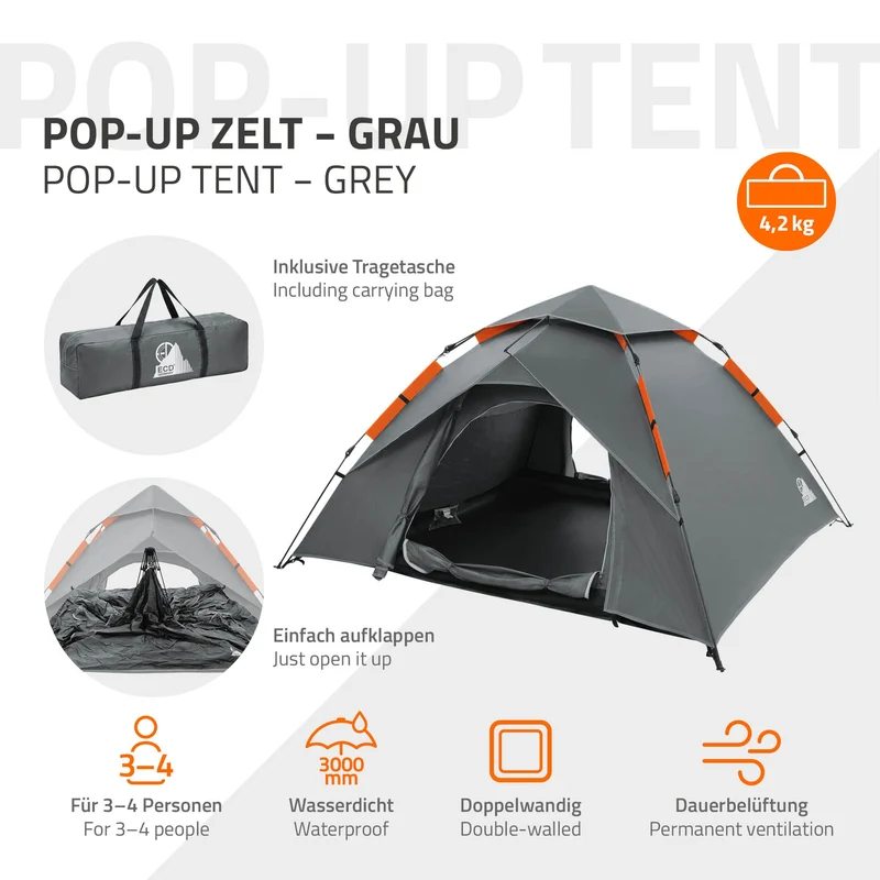 Pop-Up Zelt für 4 Personen, Campingzelt Outdoor Grau, Kuppelzelt doppelwandig mit 2 Türen, Wurfzelt wasserdicht & winddicht mit Tragetasche