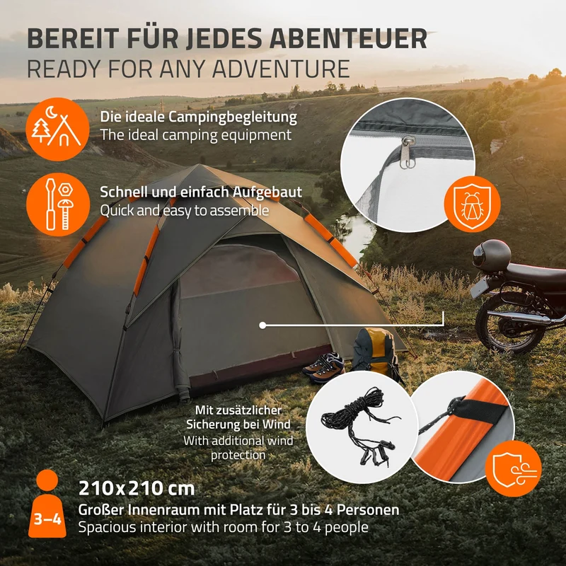 Pop-Up Zelt für 4 Personen, Campingzelt Outdoor Grau, Kuppelzelt doppelwandig mit 2 Türen, Wurfzelt wasserdicht & winddicht mit Tragetasche