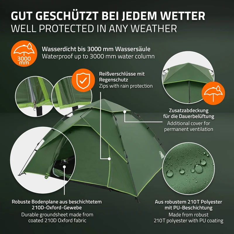 Pop-Up Zelt für 4 Personen, Campingzelt Outdoor Grün, Kuppelzelt doppelwandig mit 2 Türen, Wurfzelt wasserdicht & winddicht mit Tragetasche