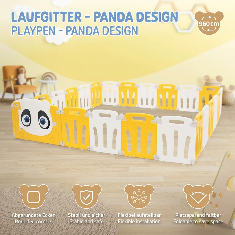 Laufgitter Baby Laufstall 240x240 cm Weiß, Gelb Panda Faltbar Krabbelgitter Joyz