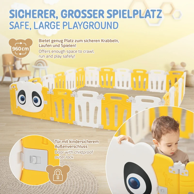 Laufgitter Baby Laufstall 240x240 cm Weiß, Gelb Panda Faltbar Krabbelgitter Joyz