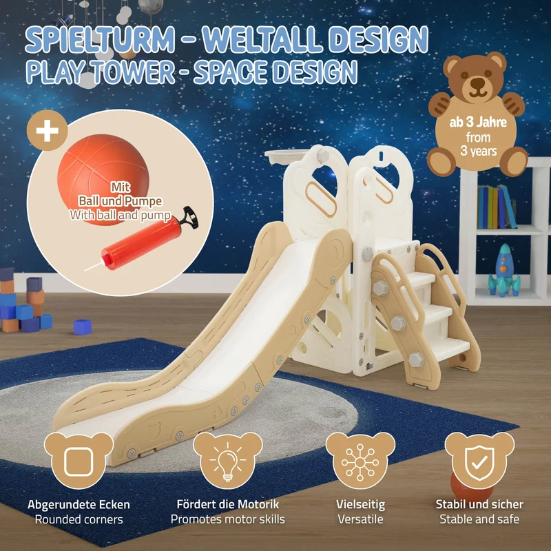 Kinder Spielturm 3in1 mit Rutsche, Basketballkorb und Kletterwand Indoor/Outdoor ab 3 Jahren Joyz