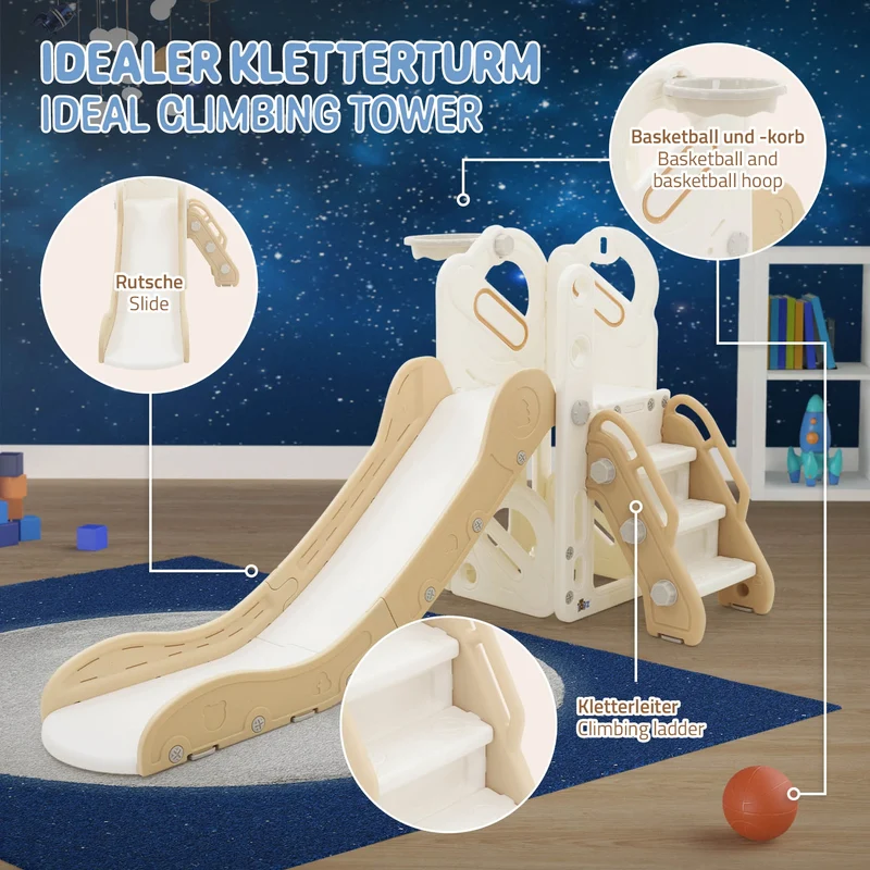 Kinder Spielturm 3in1 mit Rutsche, Basketballkorb und Kletterwand Indoor/Outdoor ab 3 Jahren Joyz