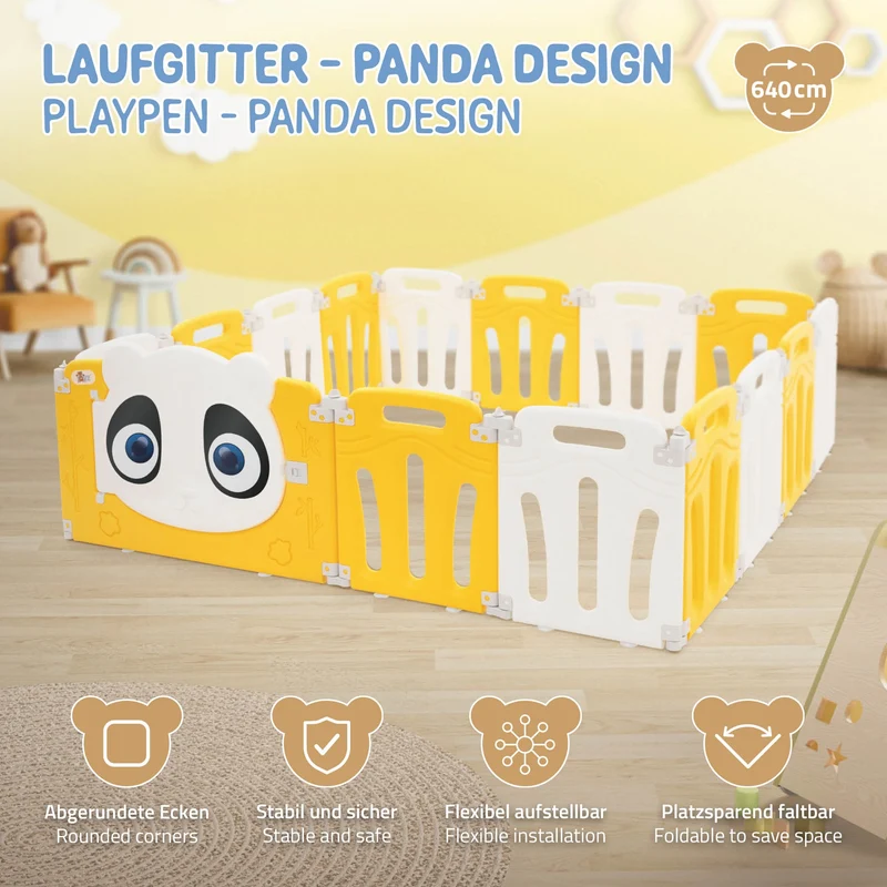 Laufgitter Baby Laufstall 160x160 cm Weiß, Gelb Panda Faltbar Krabbelgitter Joyz