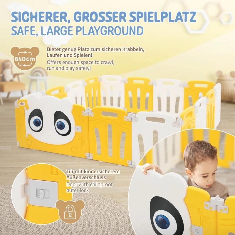 Laufgitter Baby Laufstall 160x160 cm Weiß, Gelb Panda Faltbar Krabbelgitter Joyz