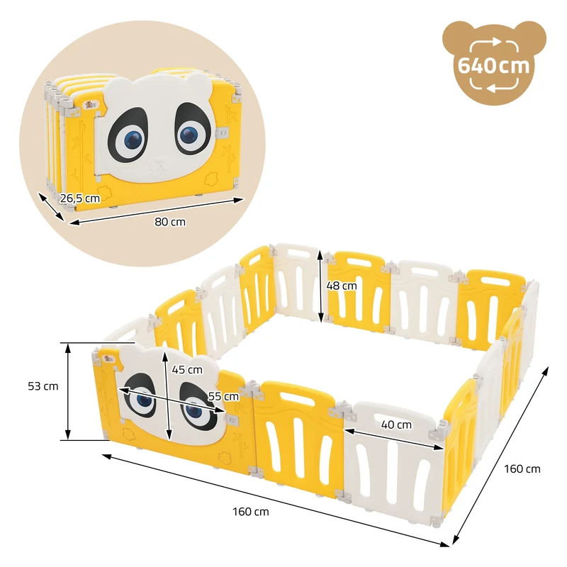 Laufgitter Baby Laufstall 160x160 cm Weiß, Gelb Panda Faltbar Krabbelgitter Joyz