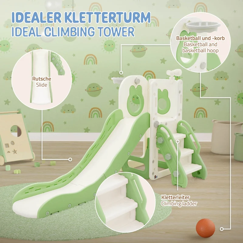 Kinder Spielturm Grün-Weiß 3in1mit Rutsche, Basketballkorb und Kletterwand Indoor/Outdoor ab 3 Jahren Joyz
