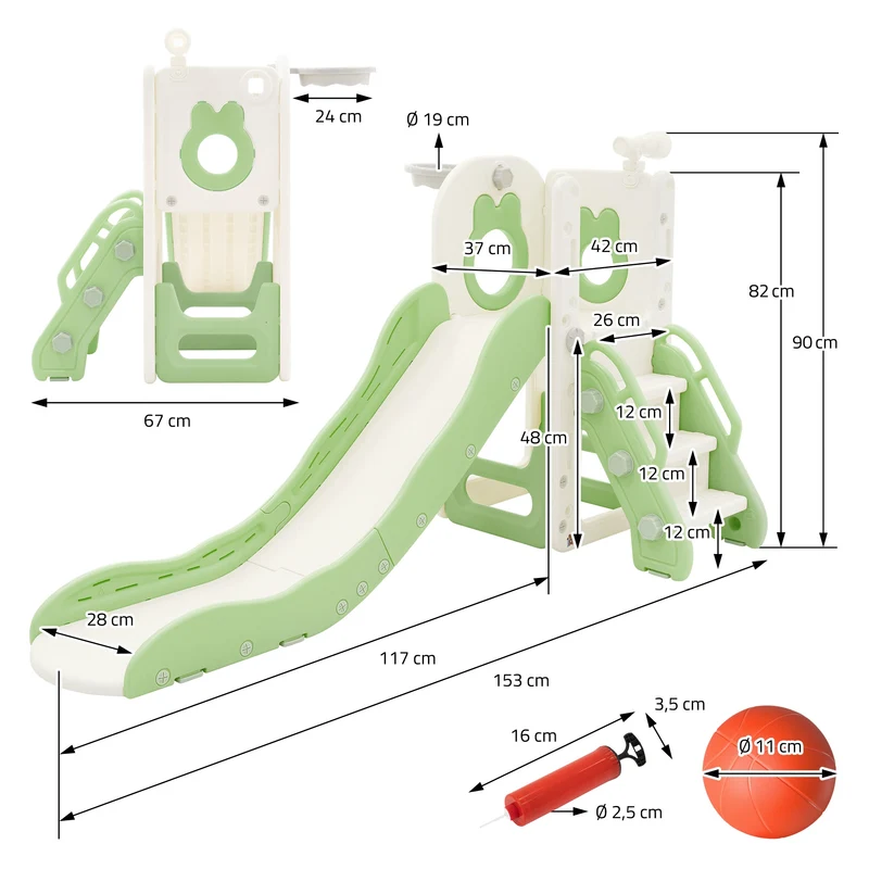 Kinder Spielturm Grün-Weiß 3in1mit Rutsche, Basketballkorb und Kletterwand Indoor/Outdoor ab 3 Jahren Joyz