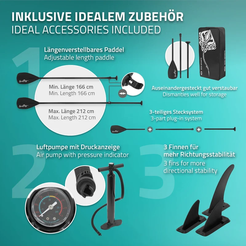 Stand Up Paddle aufblasbares SUP Board Limitless 308x76x10 in Türkis aus PVC inkl. Pumpe und Tragetasche