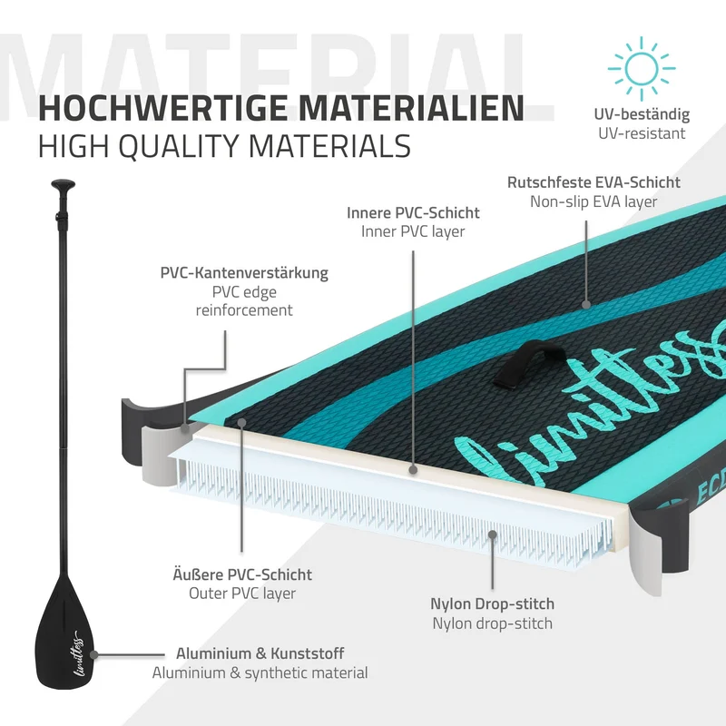 Stand Up Paddle aufblasbares SUP Board Limitless 308x76x10 in Türkis aus PVC inkl. Pumpe und Tragetasche