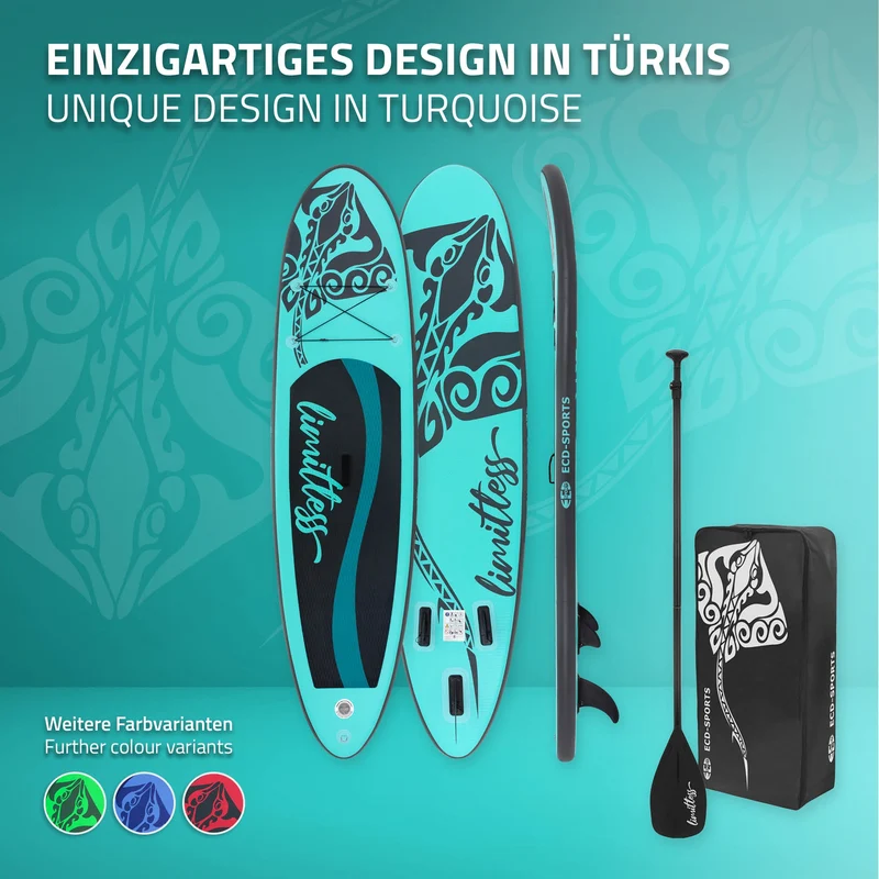 Stand Up Paddle aufblasbares SUP Board Limitless 308x76x10 in Türkis aus PVC inkl. Pumpe und Tragetasche