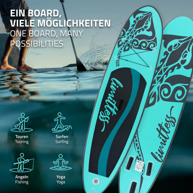 Stand Up Paddle aufblasbares SUP Board Limitless 308x76x10 in Türkis aus PVC inkl. Pumpe und Tragetasche