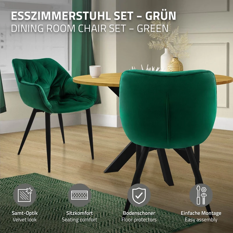 B-Ware Esszimmerstuhl 2er Set Große Rauten Steppung mit Rücken- und Armlehnen Dunkelgrün Küchenstuhl mit Microfaser-Samtbezug ML-Design