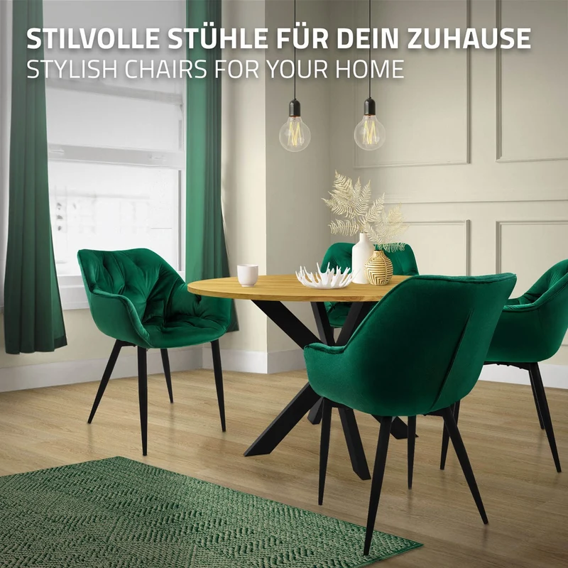 B-Ware Esszimmerstuhl 2er Set Große Rauten Steppung mit Rücken- und Armlehnen Dunkelgrün Küchenstuhl mit Microfaser-Samtbezug ML-Design