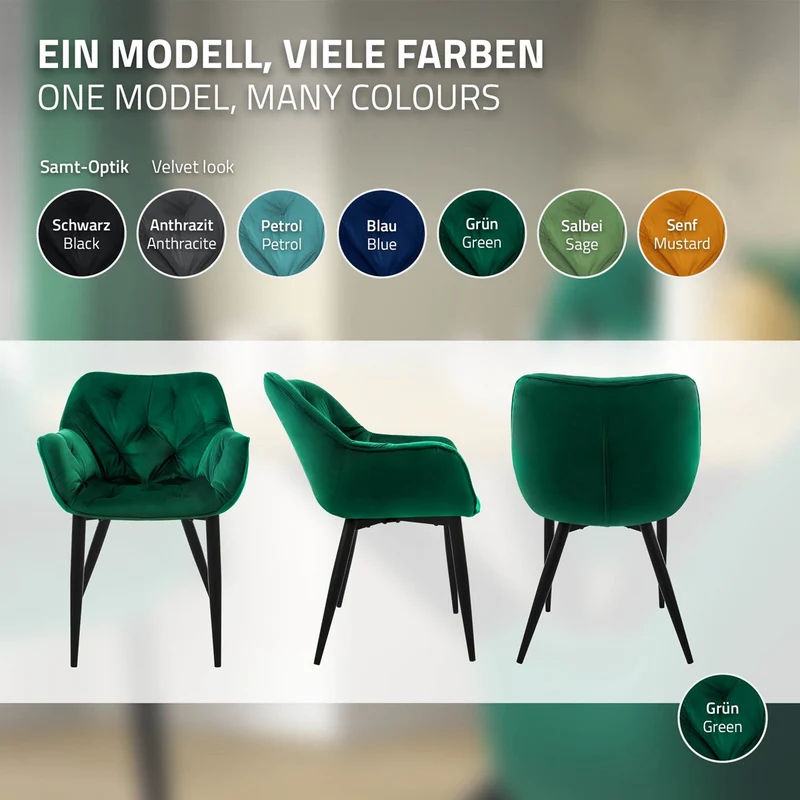 B-Ware Esszimmerstuhl 2er Set Große Rauten Steppung mit Rücken- und Armlehnen Dunkelgrün Küchenstuhl mit Microfaser-Samtbezug ML-Design