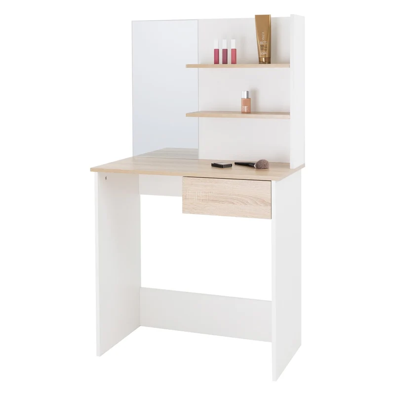 Schminktisch Frisiertisch 75x40x135 cm in Weiß/Natur mit Spiegel, Schublade & Hocker ML-Design