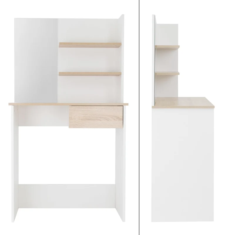 Schminktisch Frisiertisch 75x40x135 cm in Weiß/Natur mit Spiegel, Schublade & Hocker ML-Design