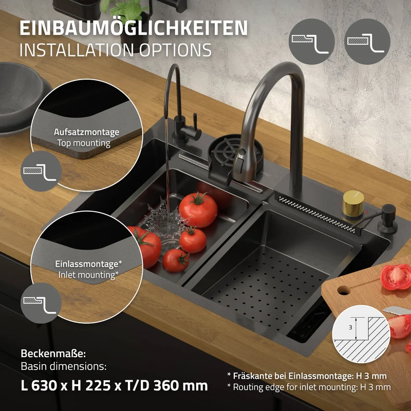 B-Ware Einbauspüle mit Wasserhahn Komplett Set 8-teilig Anthrazit 68x46 cm aus Edelstahl ML-Design