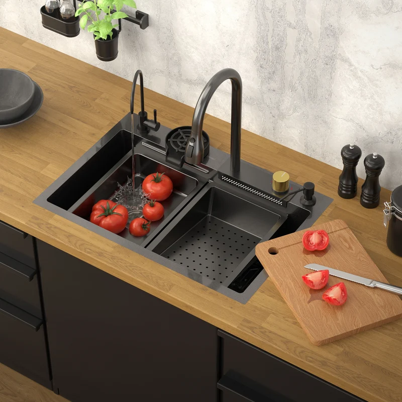 B-Ware Einbauspüle mit Wasserhahn Komplett Set 8-teilig Anthrazit 68x46 cm aus Edelstahl ML-Design