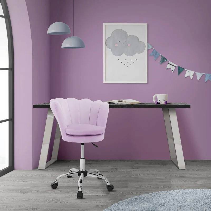 B-Ware Bürostuhl mit Rollen und Rückenlehne Muscheldesign 55x60 cm Lila aus Samt Schminktisch Stuhl ML-Design