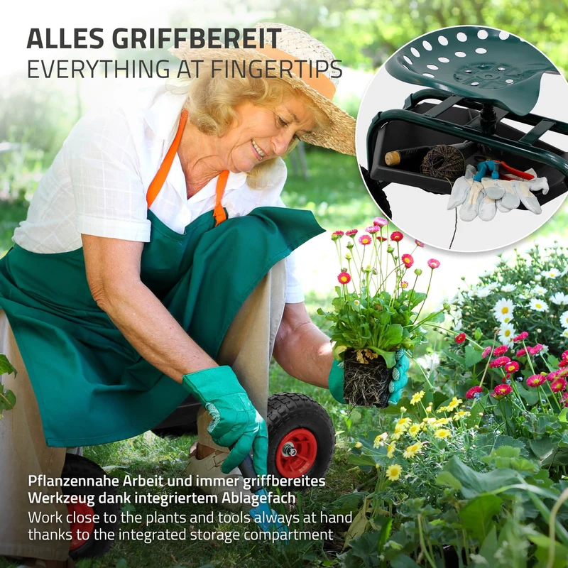 B-Ware Gartenrollsitz 360° drehbar und höhenverstellbar, Rollsitz aus Stahl mit Ablagefläche & breite Reifen bis 150 kg