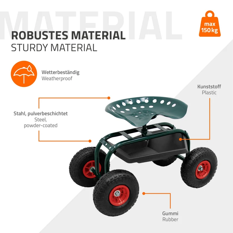 B-Ware Gartenrollsitz 360° drehbar und höhenverstellbar, Rollsitz aus Stahl mit Ablagefläche & breite Reifen bis 150 kg