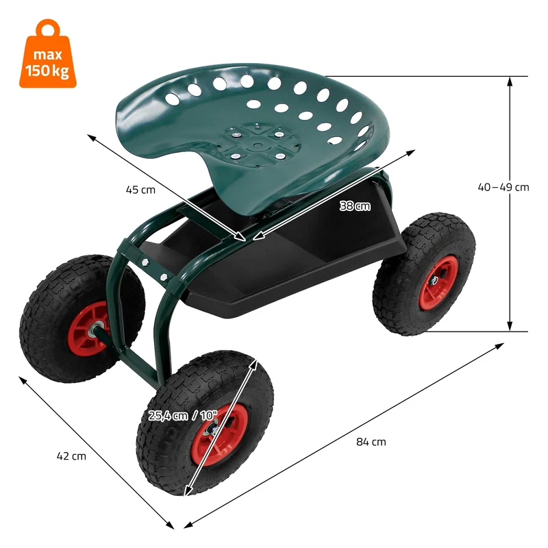 B-Ware Gartenrollsitz 360° drehbar und höhenverstellbar, Rollsitz aus Stahl mit Ablagefläche & breite Reifen bis 150 kg