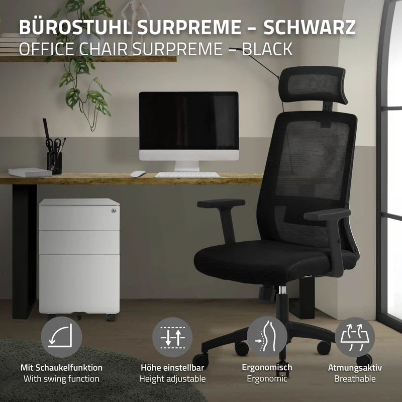 B-Ware Ergonomischer Bürostuhl Schwarz Netzgewebe mit verstellbaren Armlehnen und Kopfstütze ML-Design