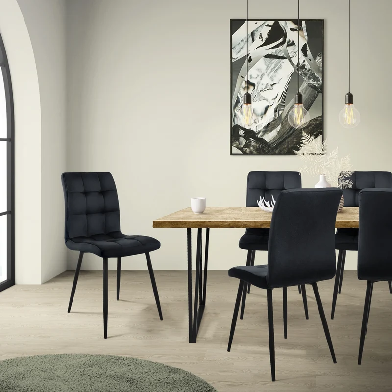 B-Ware Esszimmerstuhl 4er Set Quadrat Steppung Schwarz Samtbezug mit Metallbeinen inkl. Montagematerial ML-Design