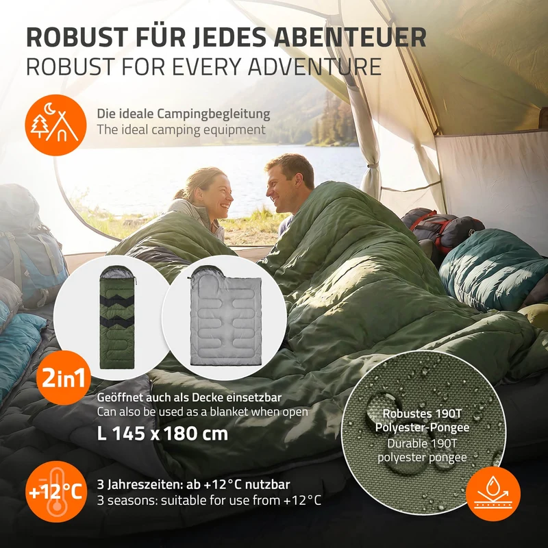 Schlafsack Outdoor für Camping, Khaki, 210 cm, 3 Jahreszeiten für Erwachsene, 2in1 Deckenschlafsäcke Wasserabweisend, Warm, Kompakt & Leicht