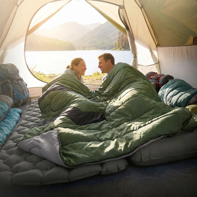 Schlafsack Outdoor für Camping, Khaki, 210 cm, 3 Jahreszeiten für Erwachsene, 2in1 Deckenschlafsäcke Wasserabweisend, Warm, Kompakt & Leicht