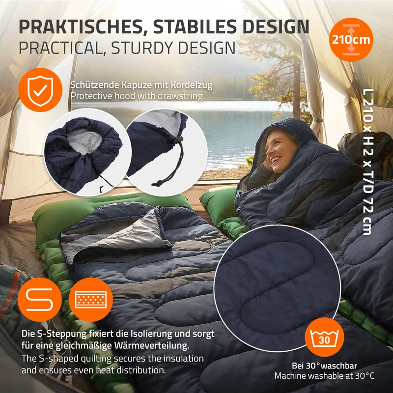 Schlafsack Outdoor für Camping, Dunkelblau, 210 cm, 3 Jahreszeiten für Erwachsene, 2in1 Deckenschlafsäcke Wasserabweisend, Warm, Kompakt & Leicht