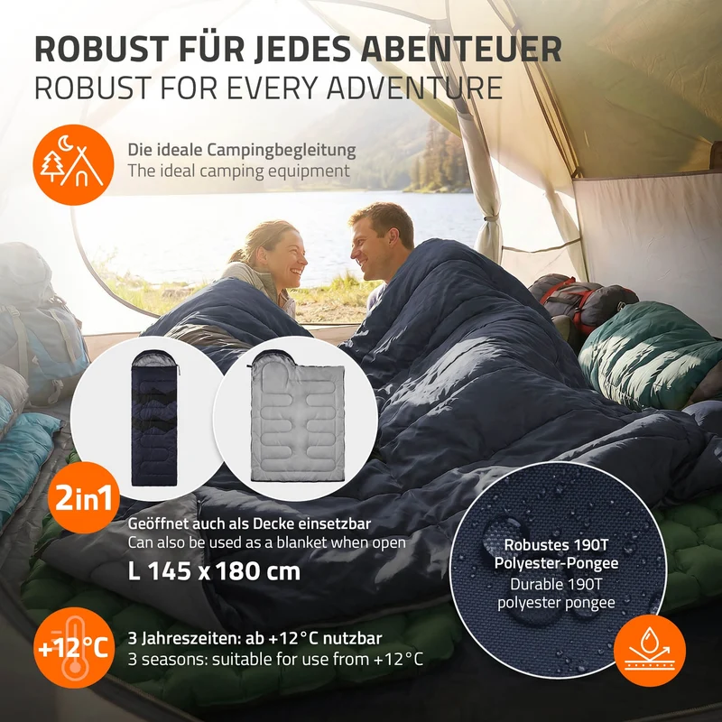 Schlafsack Outdoor für Camping, Dunkelblau, 210 cm, 3 Jahreszeiten für Erwachsene, 2in1 Deckenschlafsäcke Wasserabweisend, Warm, Kompakt & Leicht