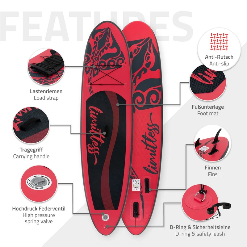 Stand Up Paddle aufblasbares SUP Board Limitless 308x78x10 in Rot aus PVC inkl. Pumpe und Tragetasche