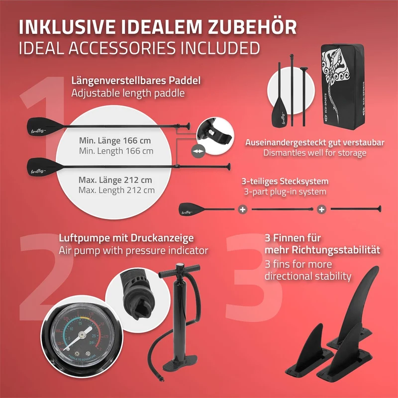 Stand Up Paddle aufblasbares SUP Board Limitless 308x78x10 in Rot aus PVC inkl. Pumpe und Tragetasche