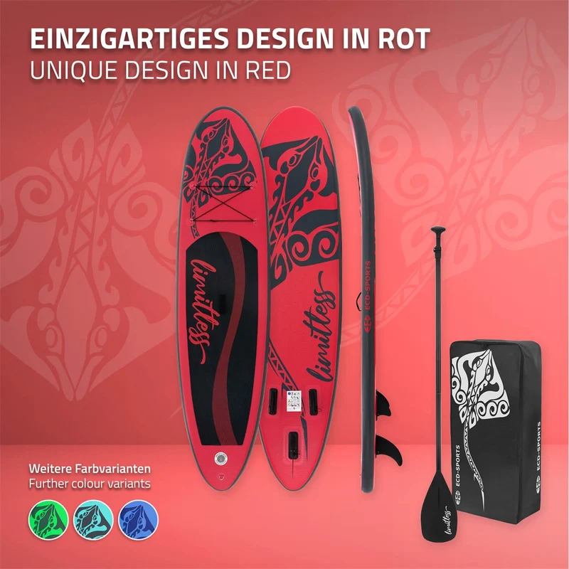 Stand Up Paddle aufblasbares SUP Board Limitless 308x78x10 in Rot aus PVC inkl. Pumpe und Tragetasche