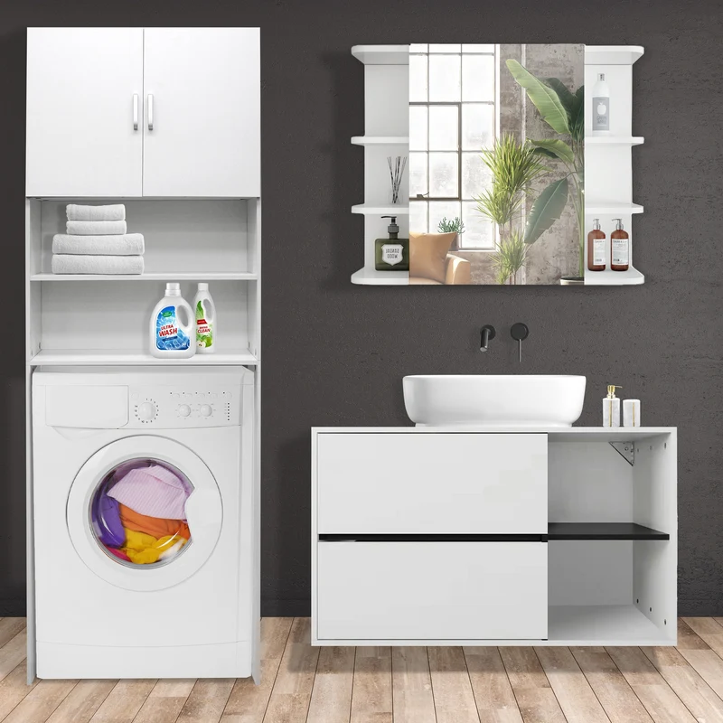Badmöbel Set 3-Teilig modernen Stil Weiß aus Holz ML-Design
