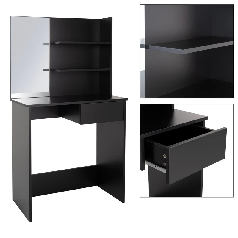 Schminktisch Frisiertisch 75x40x135 cm in Schwarz mit Spiegel, Schublade, 3 Ablagen & Hocker ML-Design
