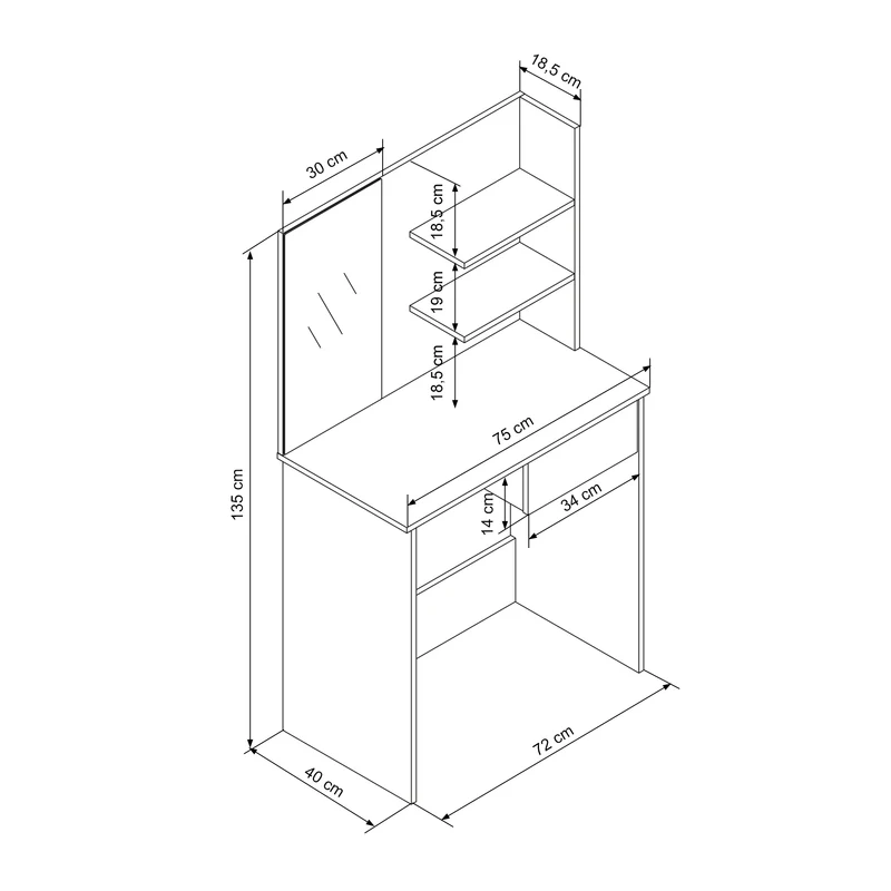 Schminktisch Frisiertisch 75x40x135 cm in Schwarz mit Spiegel, Schublade, 3 Ablagen & Hocker ML-Design