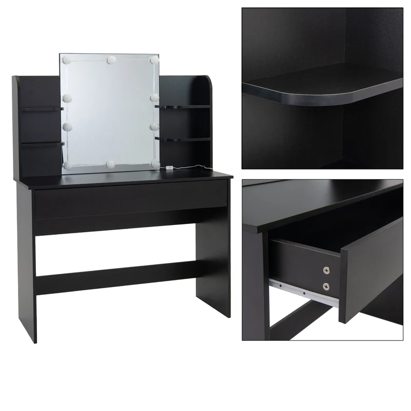Schminktisch Frisiertisch 108x40x140 cm in Schwarz mit Spiegel, LED Beleuchtung, Schublade & Hocker ML-Design