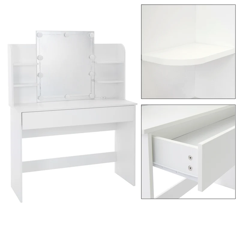 Schminktisch Frisiertisch 108x40x140 cm in Weiß mit Spiegel, LED Beleuchtung, Schublade & Hocker ML-Design