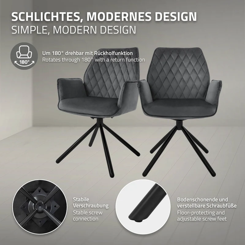 B-Ware Esszimmerstuhl drehbar mit Rücken- und Armlehnen Anthrazit Küchenstuhl mit Microfaser-Samtbezug ML-Design