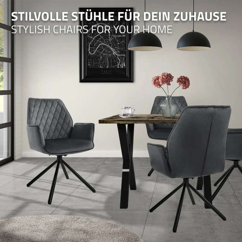B-Ware Esszimmerstuhl drehbar mit Rücken- und Armlehnen Anthrazit Küchenstuhl mit Microfaser-Samtbezug ML-Design