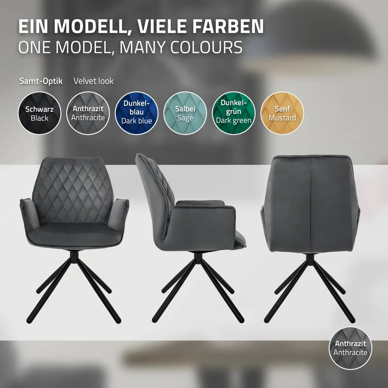 B-Ware Esszimmerstuhl drehbar mit Rücken- und Armlehnen Anthrazit Küchenstuhl mit Microfaser-Samtbezug ML-Design