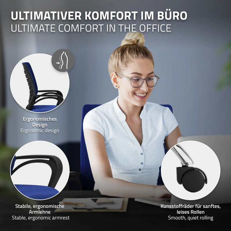 B-Ware Ergonomischer Bürostuhl mit Armlehnen Netzgewebe Blau mit Rollen ML-Design